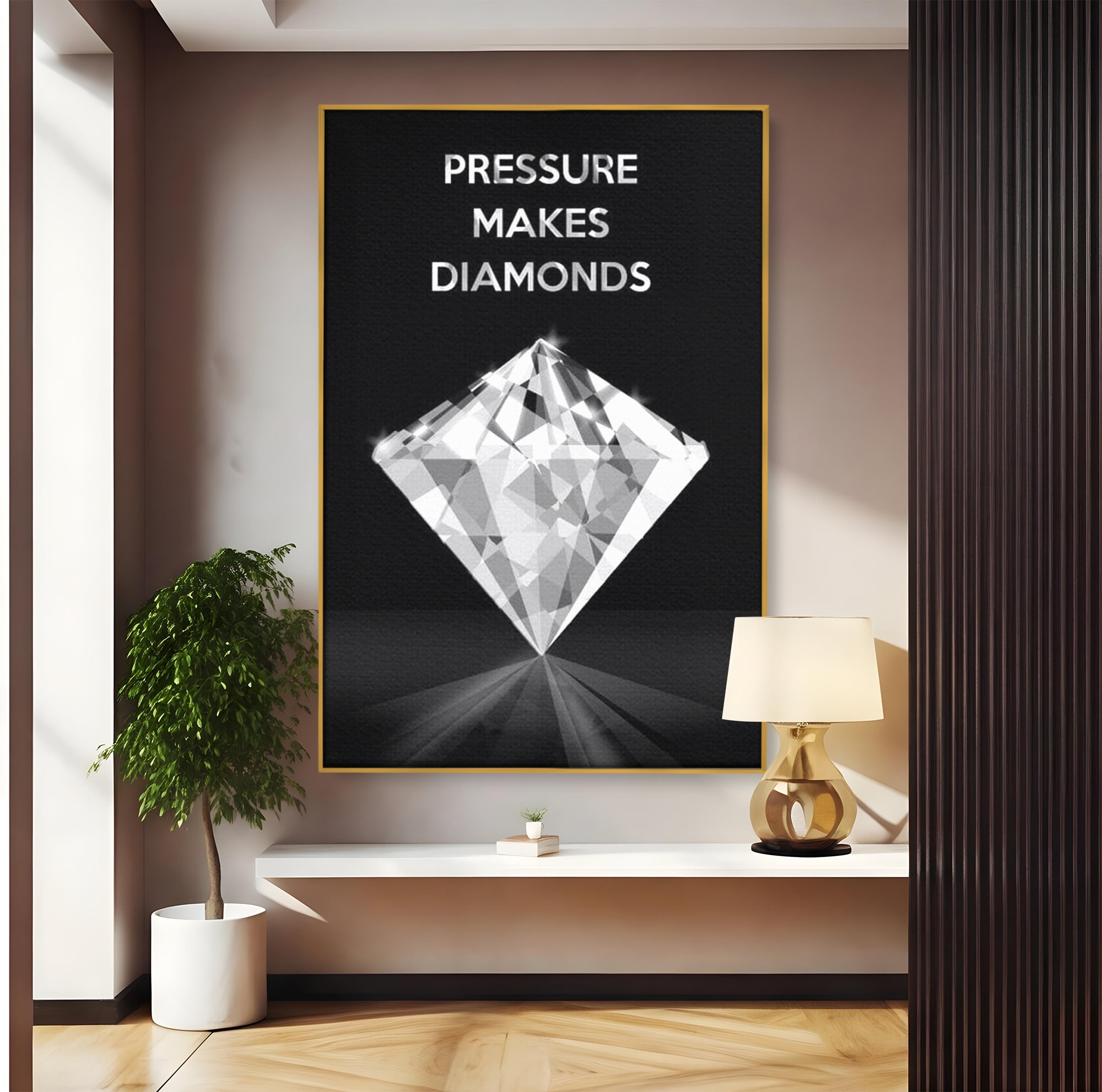 Tablou canvas cu tablou motivational cu diamant argintiu, in rama de aluminiu auriu